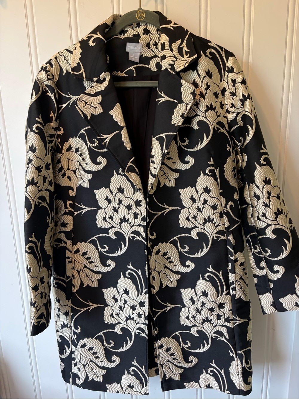 Chico’s Elegant Floral Jacquard Notch Collar Topper Coat Blazer Size 2